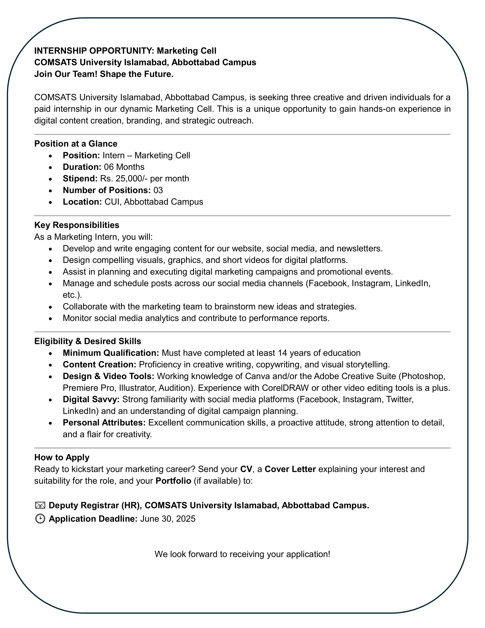 Comsats Abbottabad Internship Opportunity
